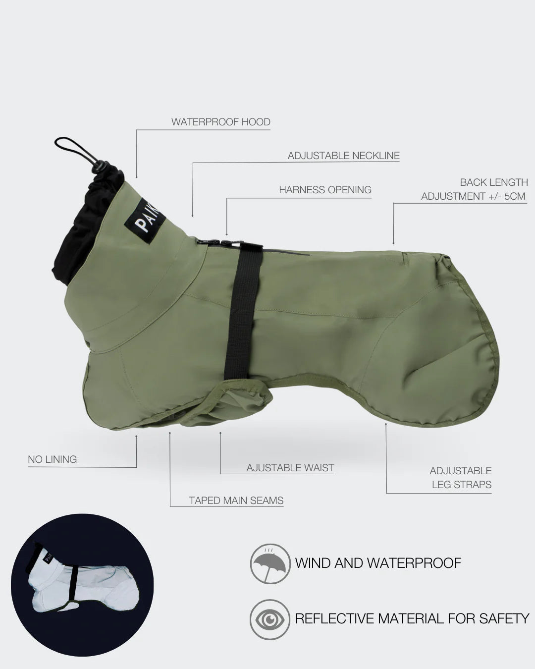 PAIKKA Reflektierender Hunderegenmantel Grün